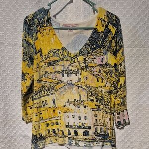 Roberta Fratelli Artistic Yellow and Black Women's Large Long Sleeve Top